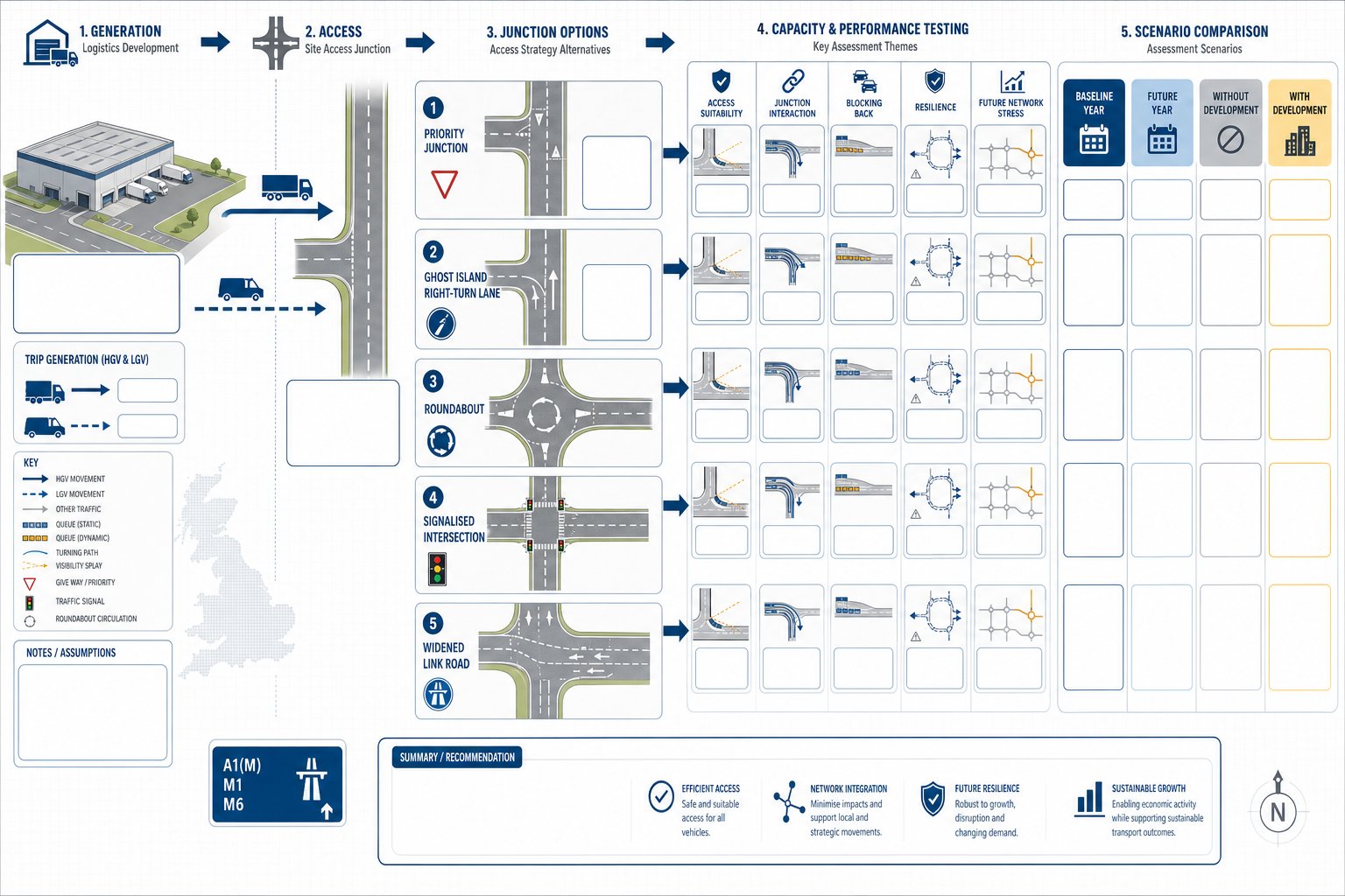 UK logistics site access and junction capacity testing infographic.