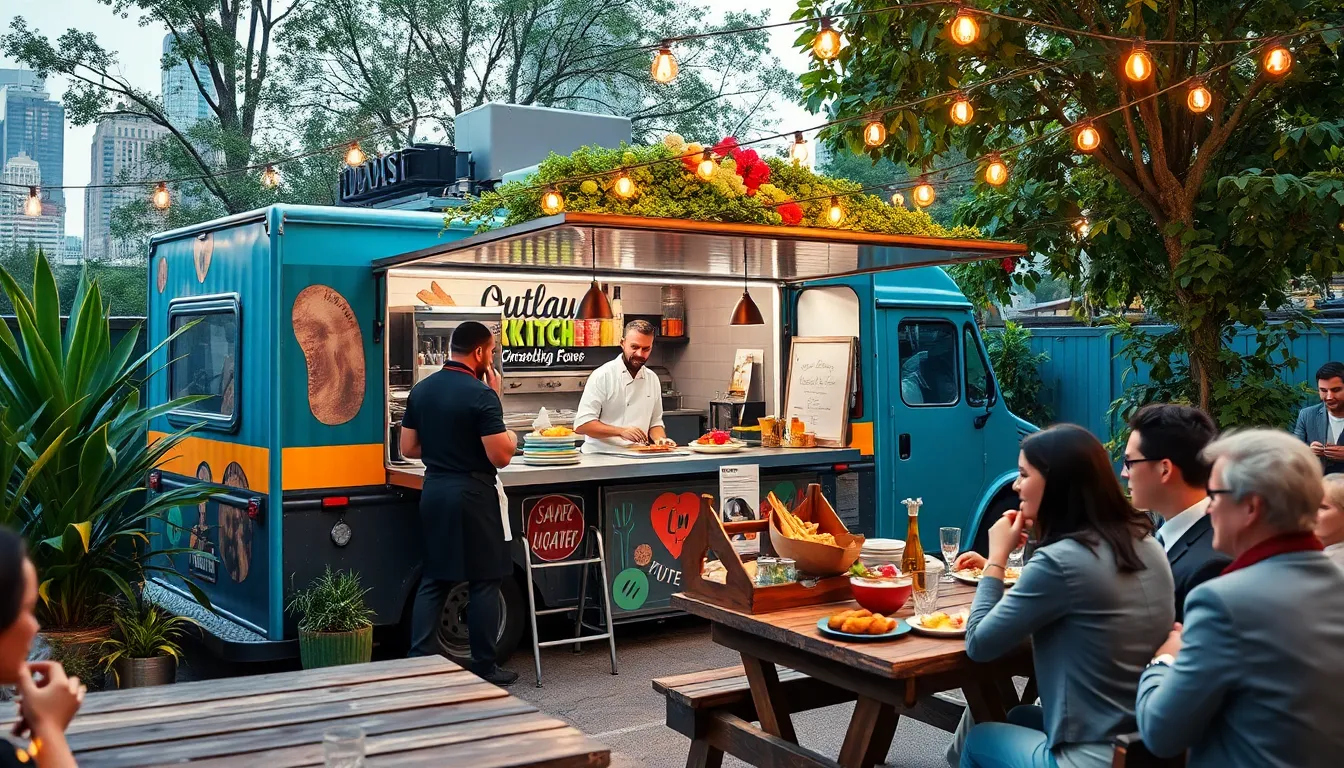 diverse chefs preparing food in an outdoor pop-up kitchen.