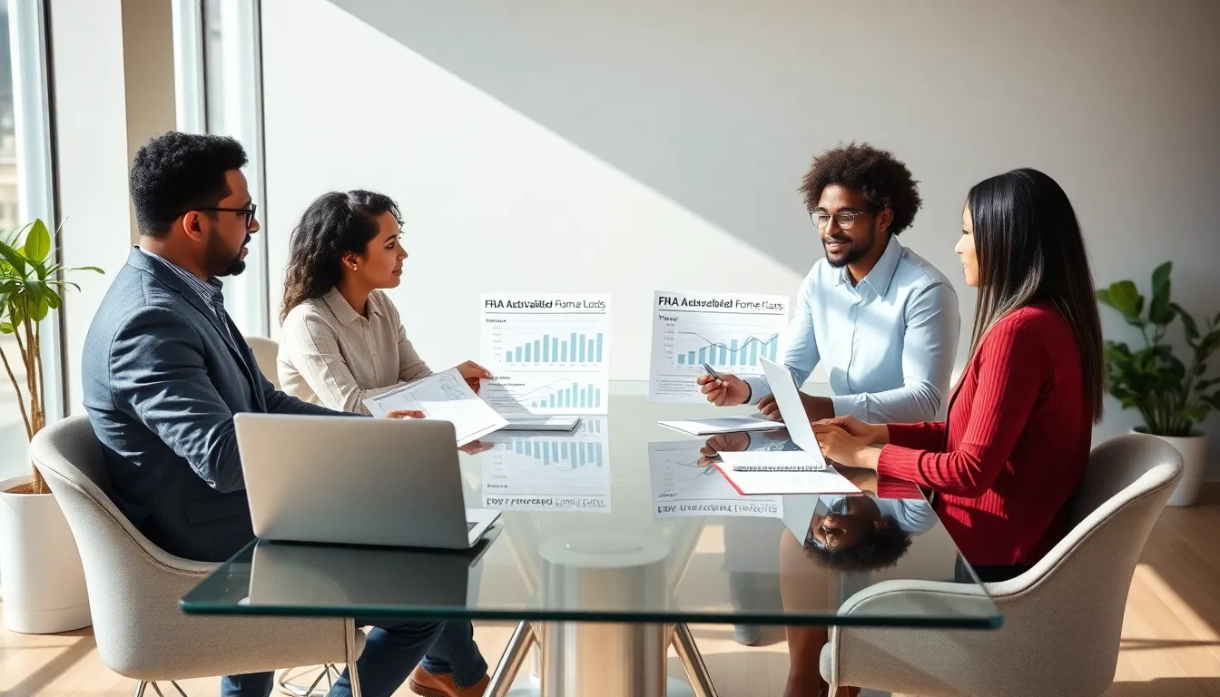 diverse group discussing FHA loans in a modern office.