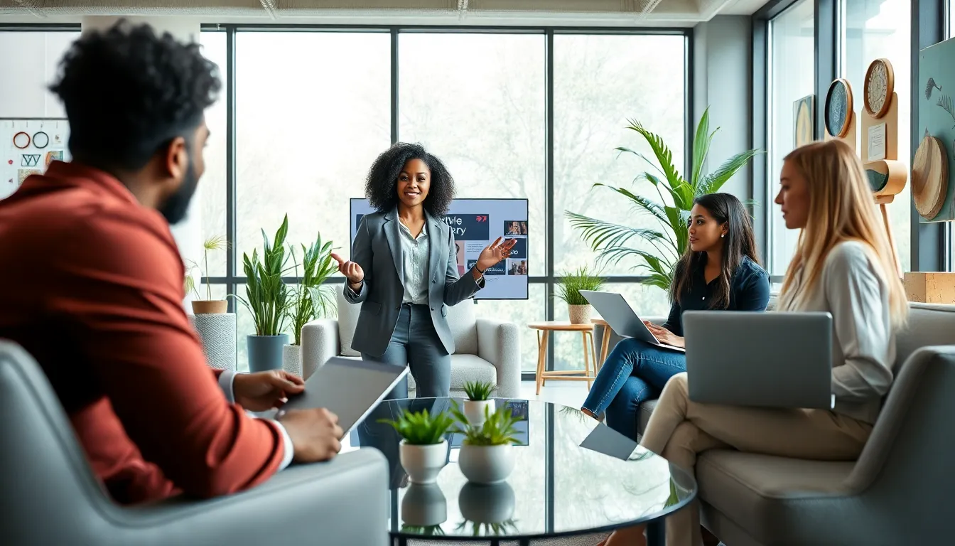 diverse professionals discussing lifestyle theory in a modern office.