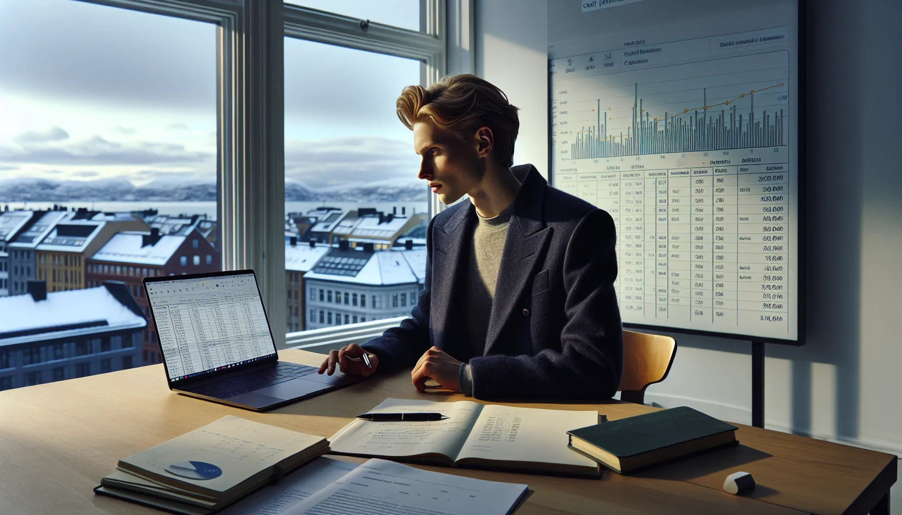 Norwegian professional preparing for negotiations with goals, data and notes in office.