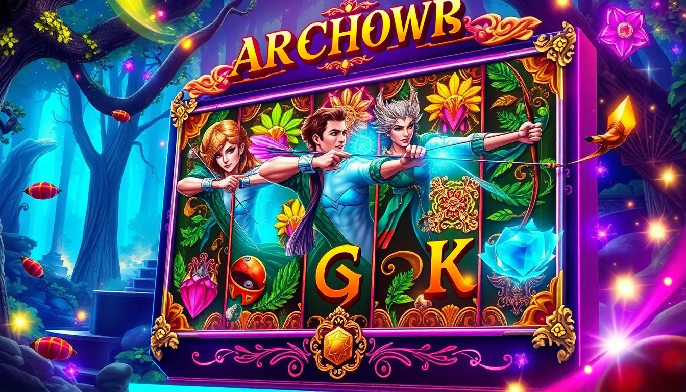 A colorful digital slot machine with wild archers and fantasy symbols.
