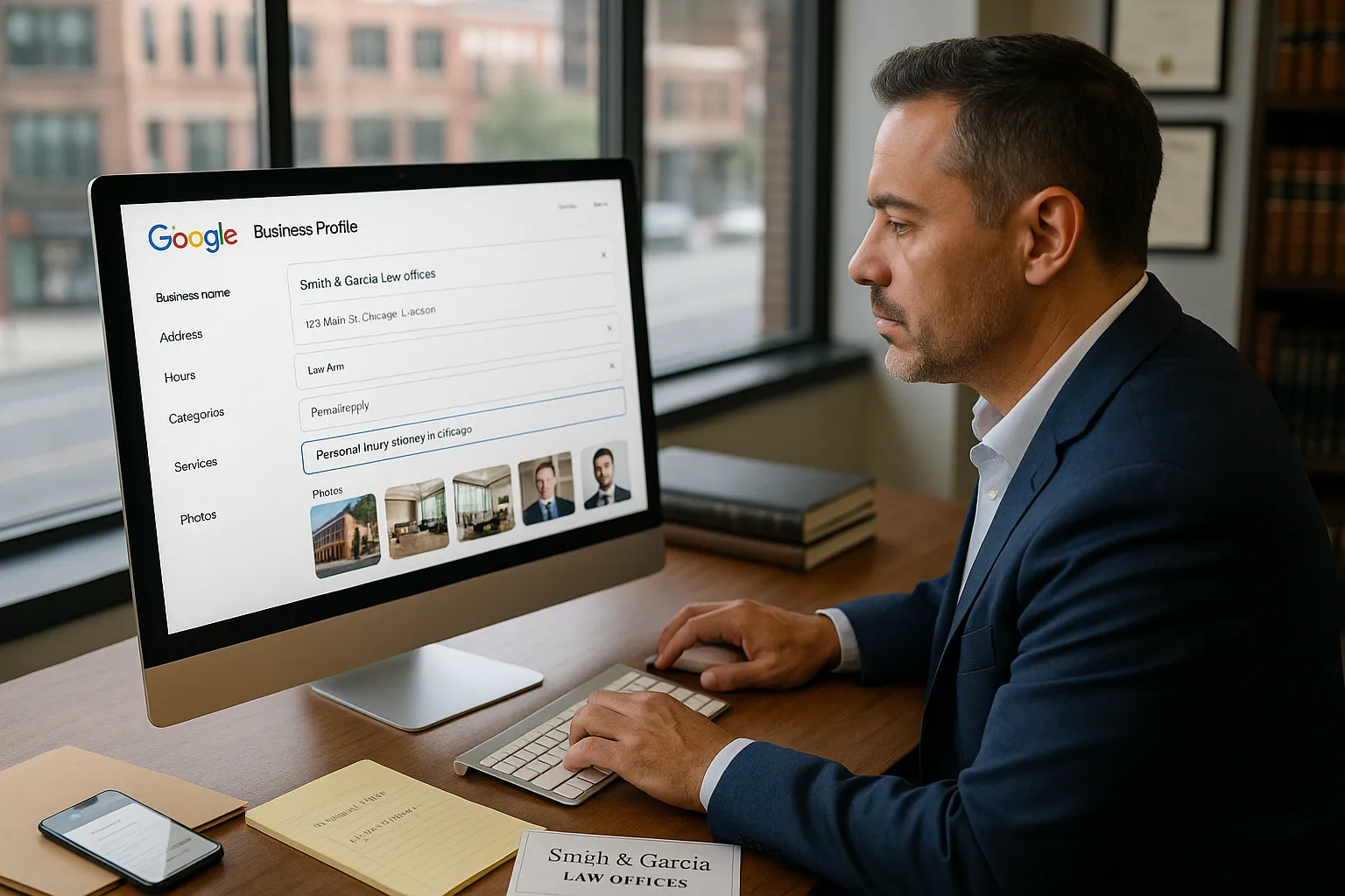 Attorney optimizing a Google Business Profile for a local law firm on a computer.