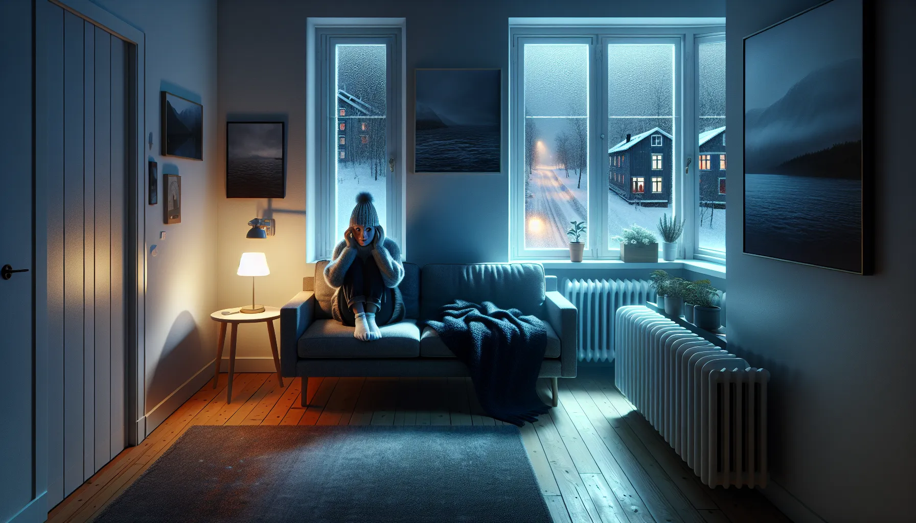 Young woman in norwegian apartment distressed, with alcohol and pills on table.