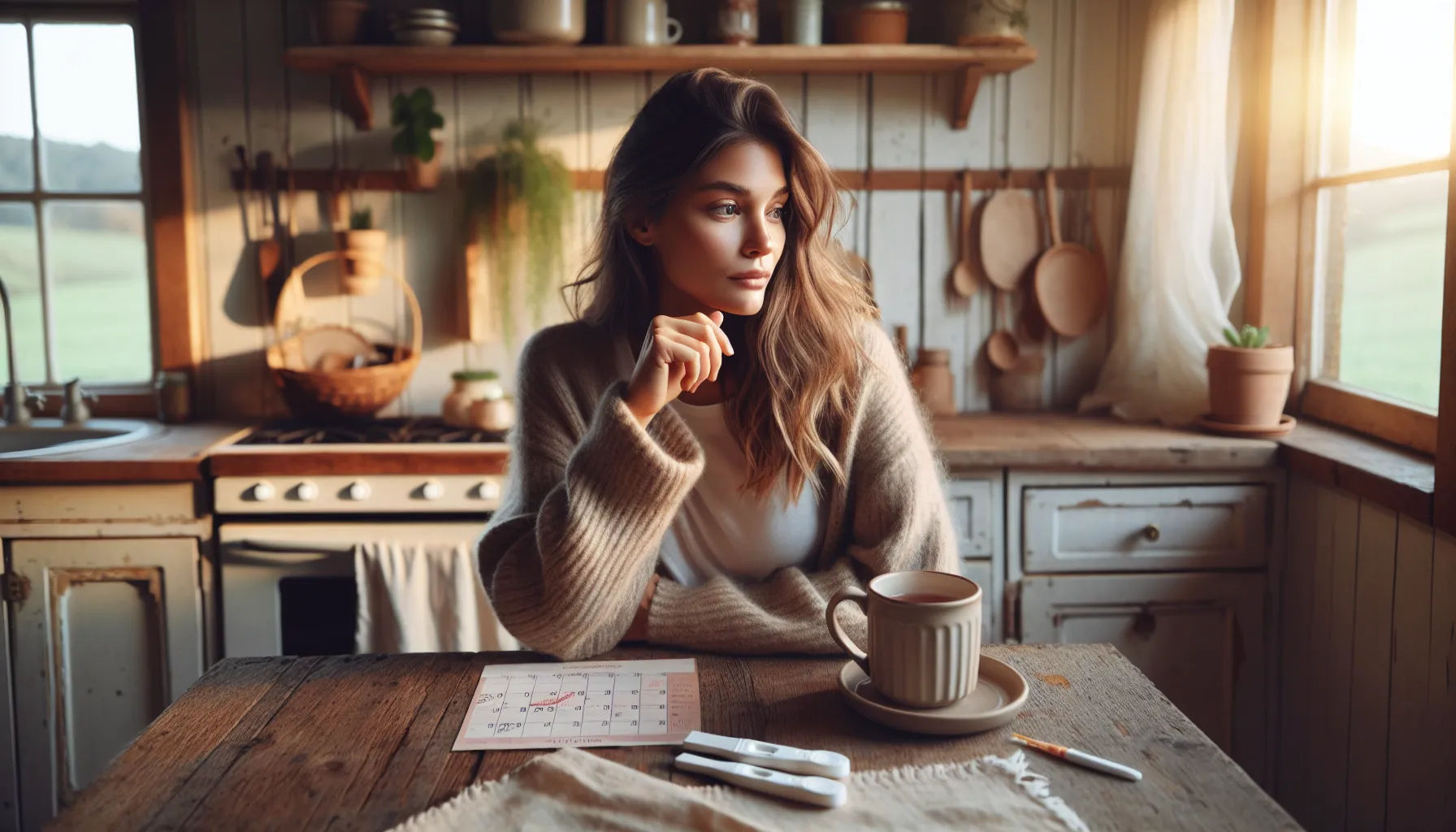 A woman contemplating her menstrual cycle while holding a cup of tea.