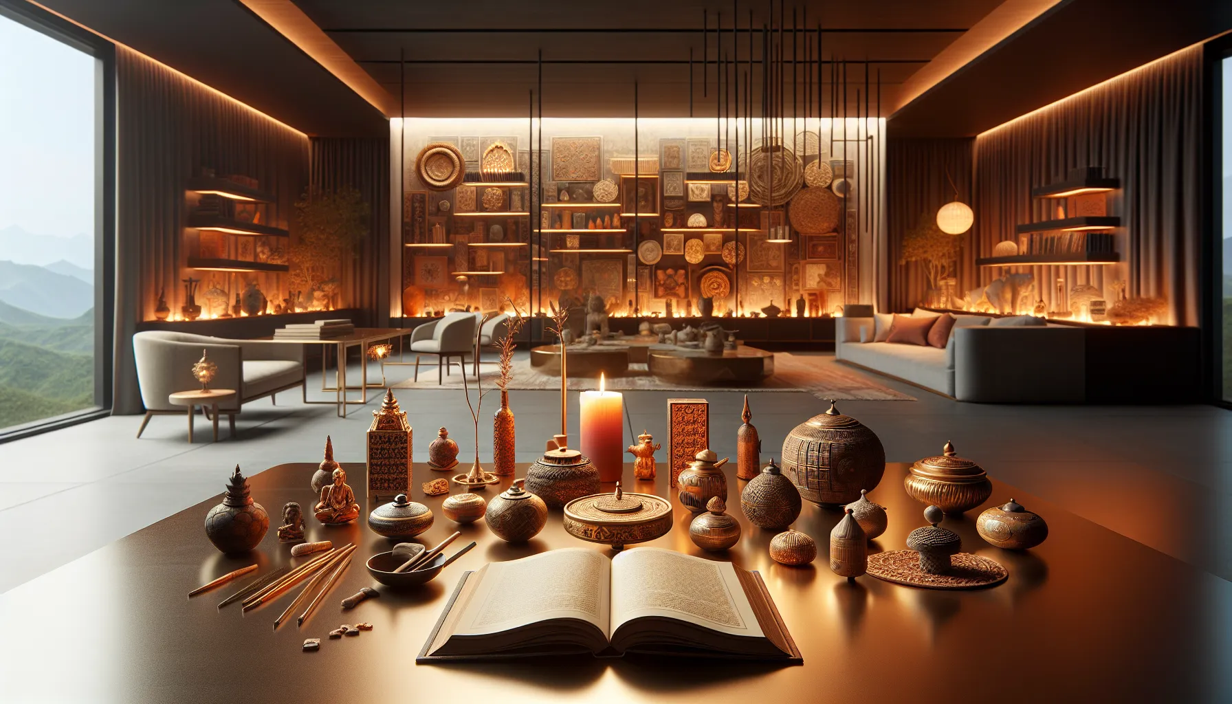 An open book surrounded by cultural artifacts illustrating tradition.