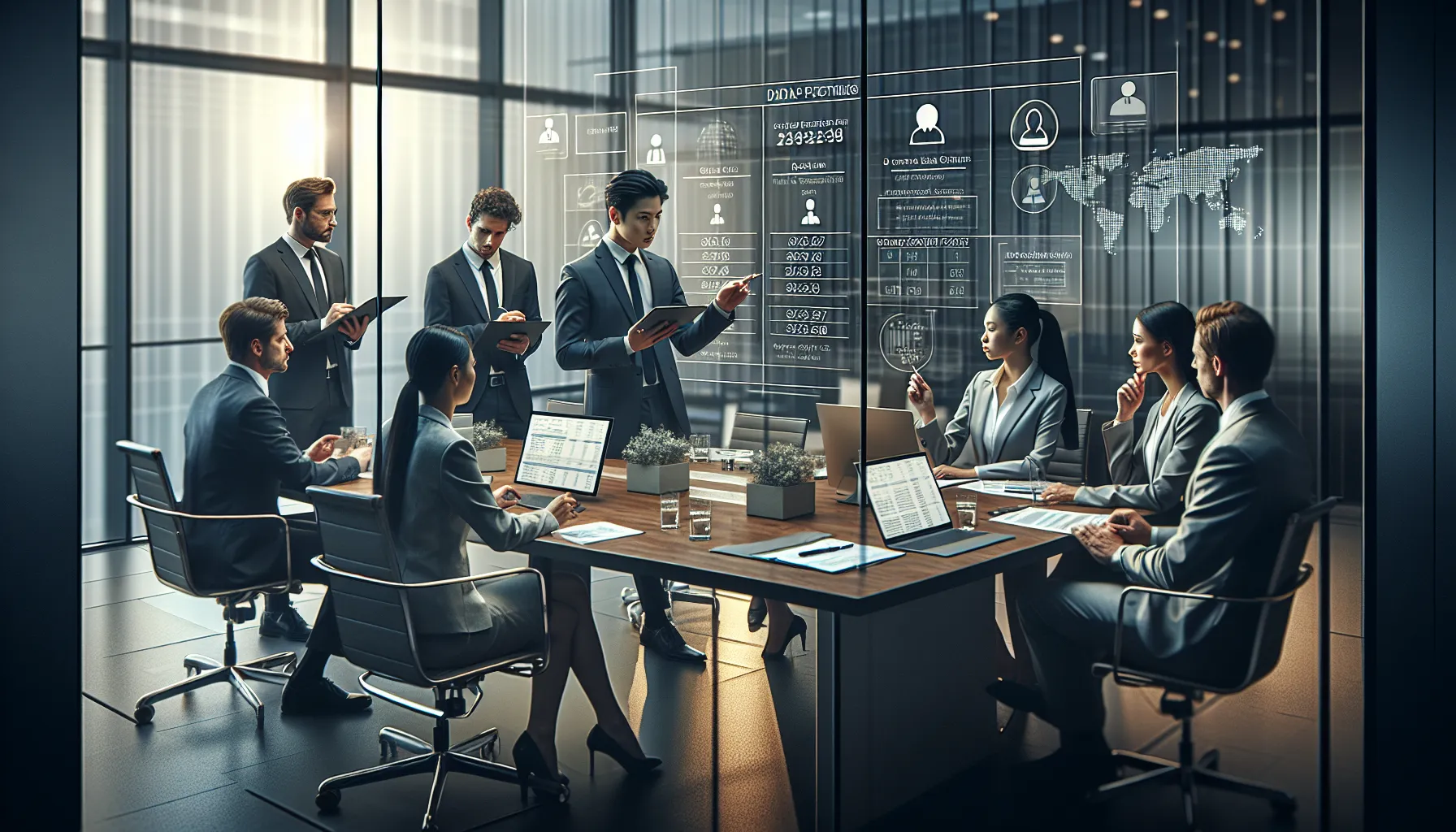 business professionals discussing phone number authenticity in a modern office.