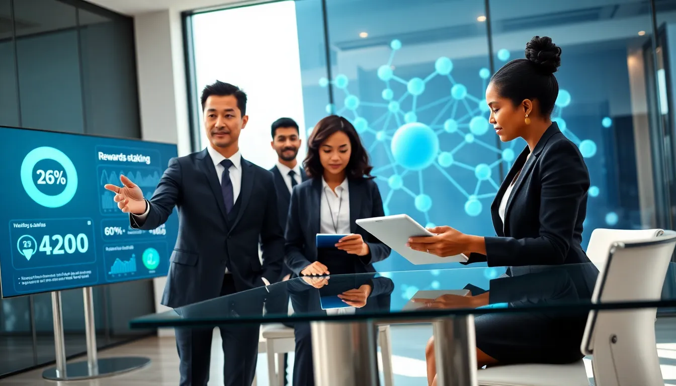 professionals discussing blockchain staking in a modern office setting.