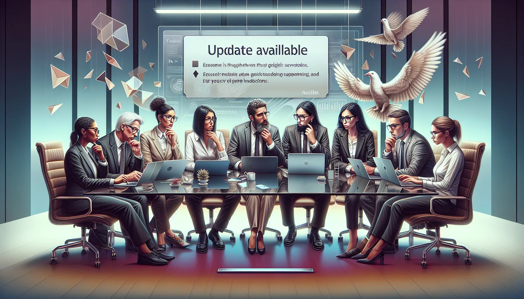 professionals discussing unclear software updates in a modern office.