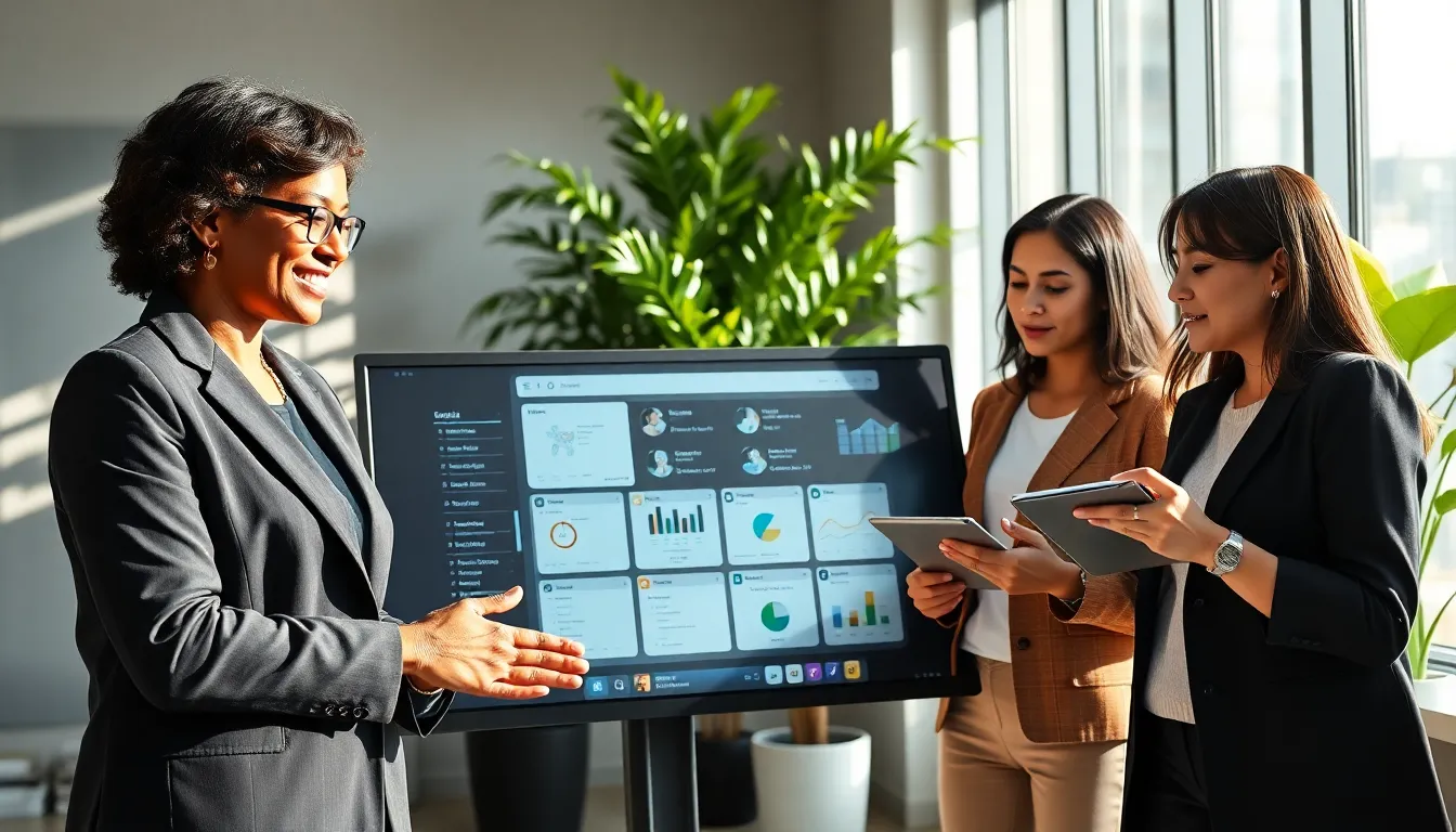 professionals collaborating around a digital interface of Lotsofpower in a modern office.