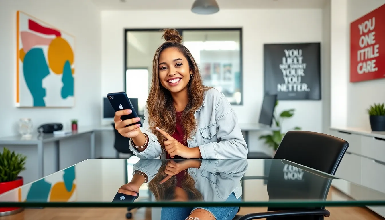 young woman recording a video in a modern digital workspace.