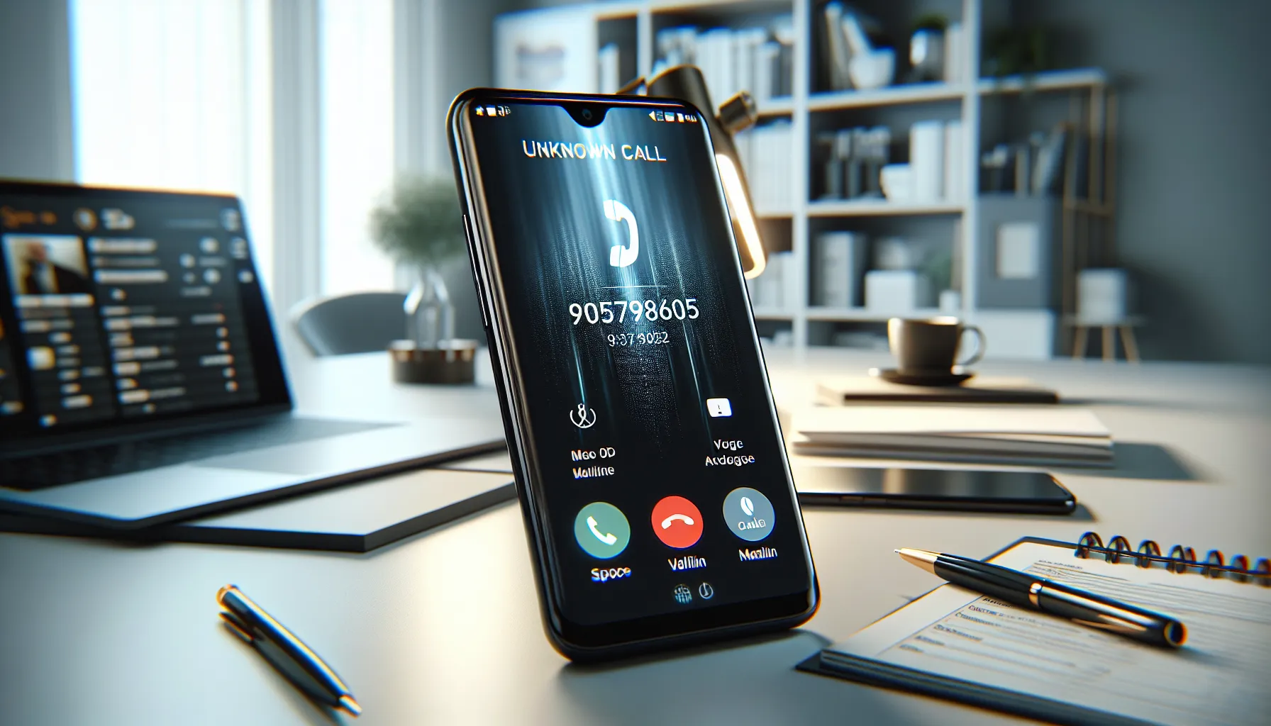 smartphone on a desk displaying an unknown caller number.