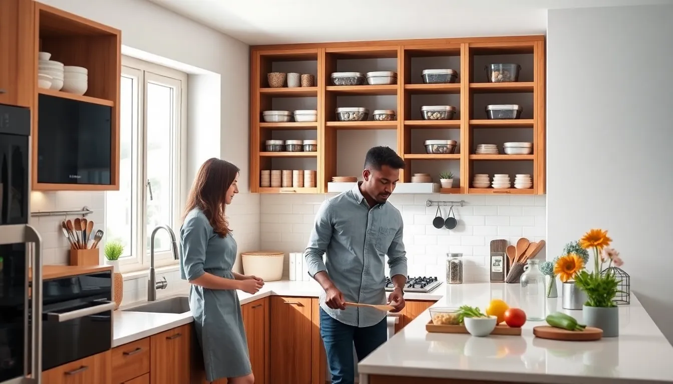 an organized modern kitchen with DIY storage solutions.