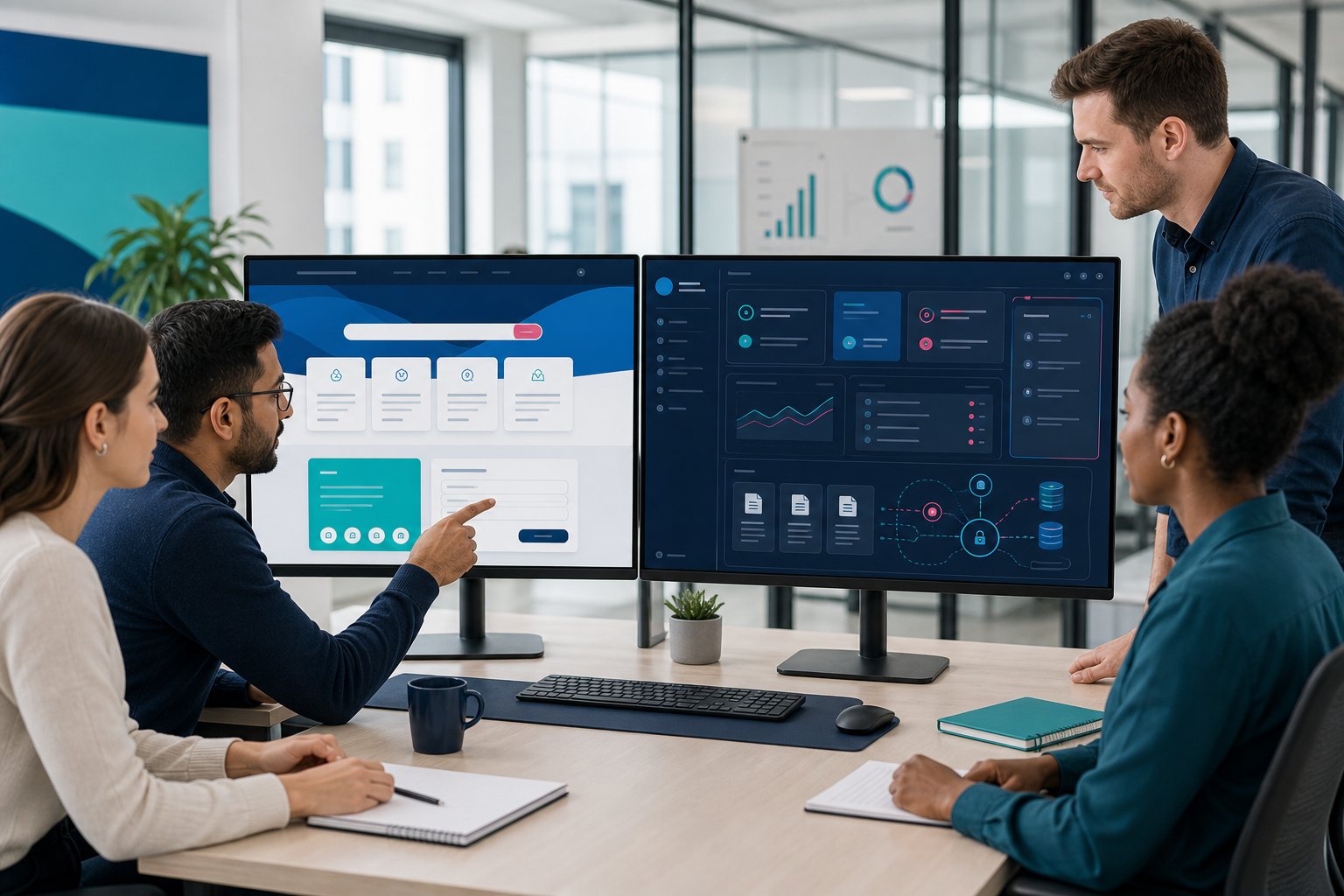 Professionals comparing a public website and secure web portal dashboard.