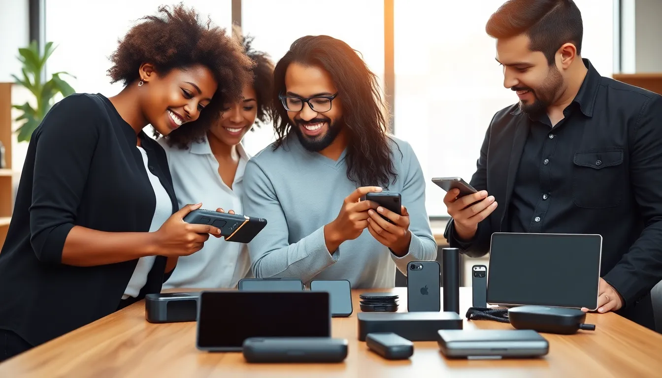 diverse professionals exploring gadgets in a modern office setting.
