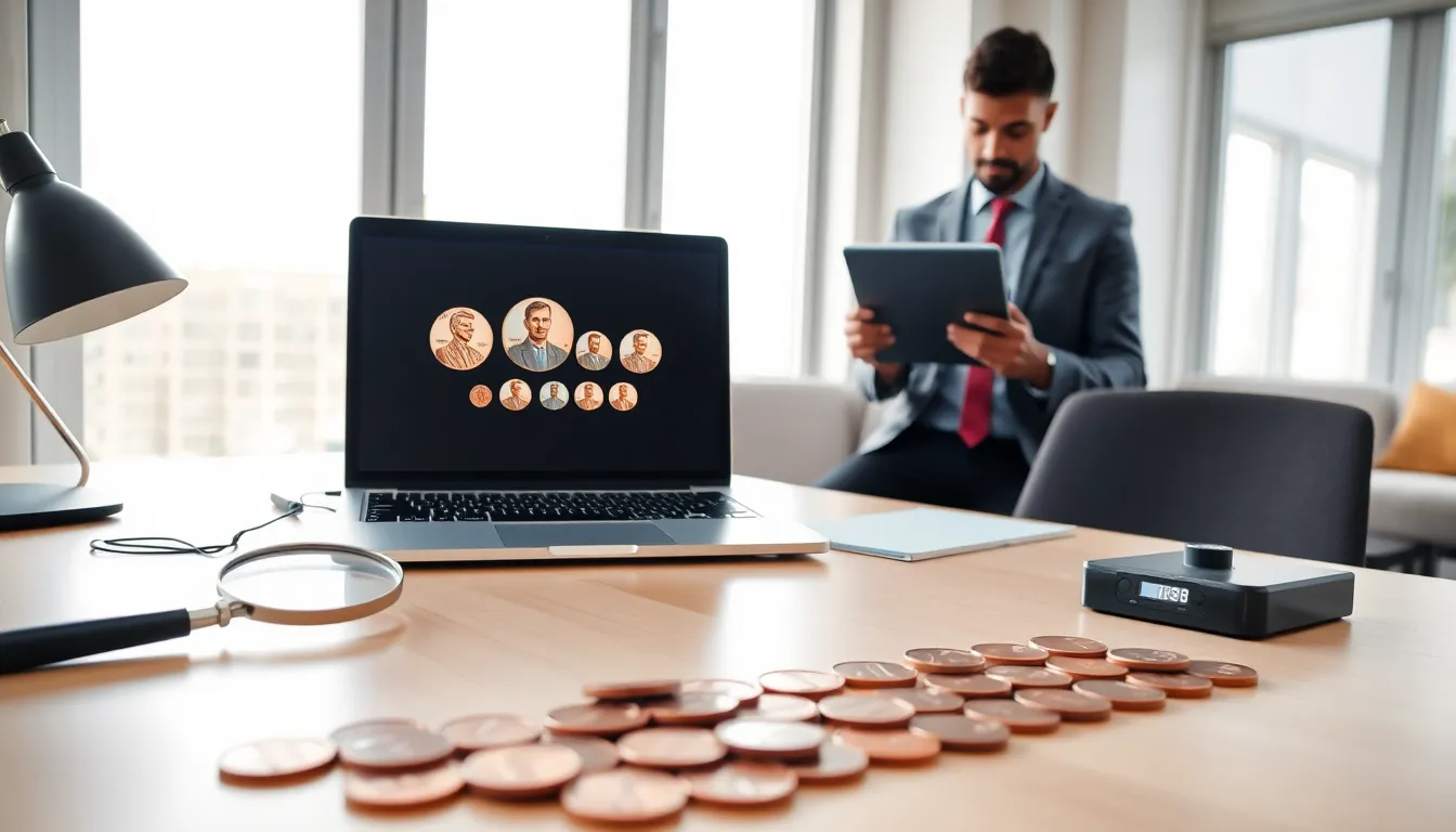 A professional analyzing modern pennies in a contemporary office.