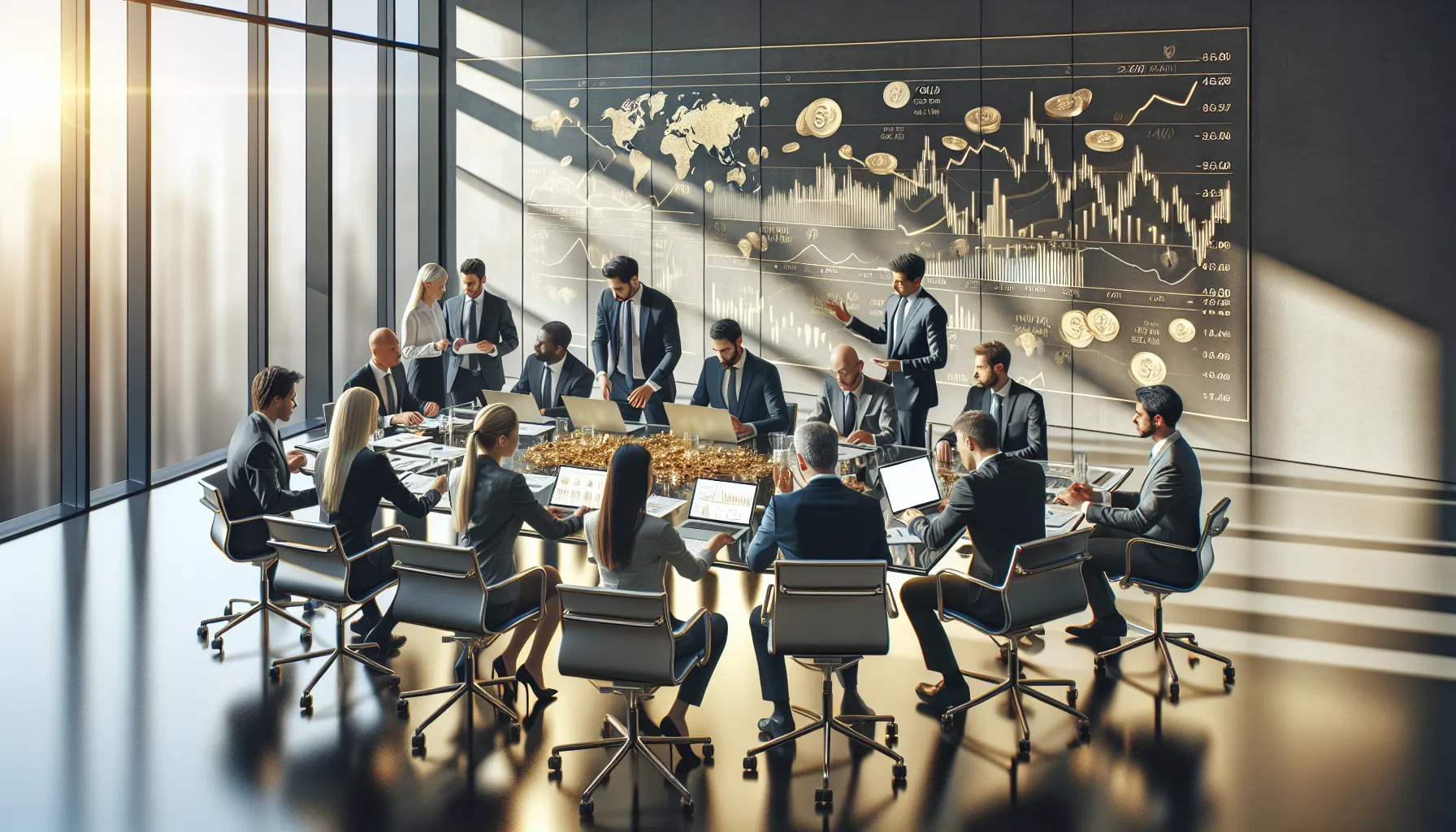 diverse team discussing gold investment strategies in a modern office.