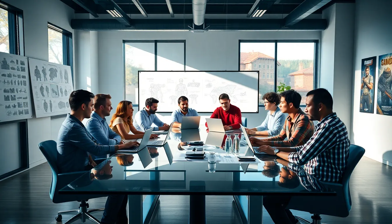diverse game development team collaborating in a modern office.