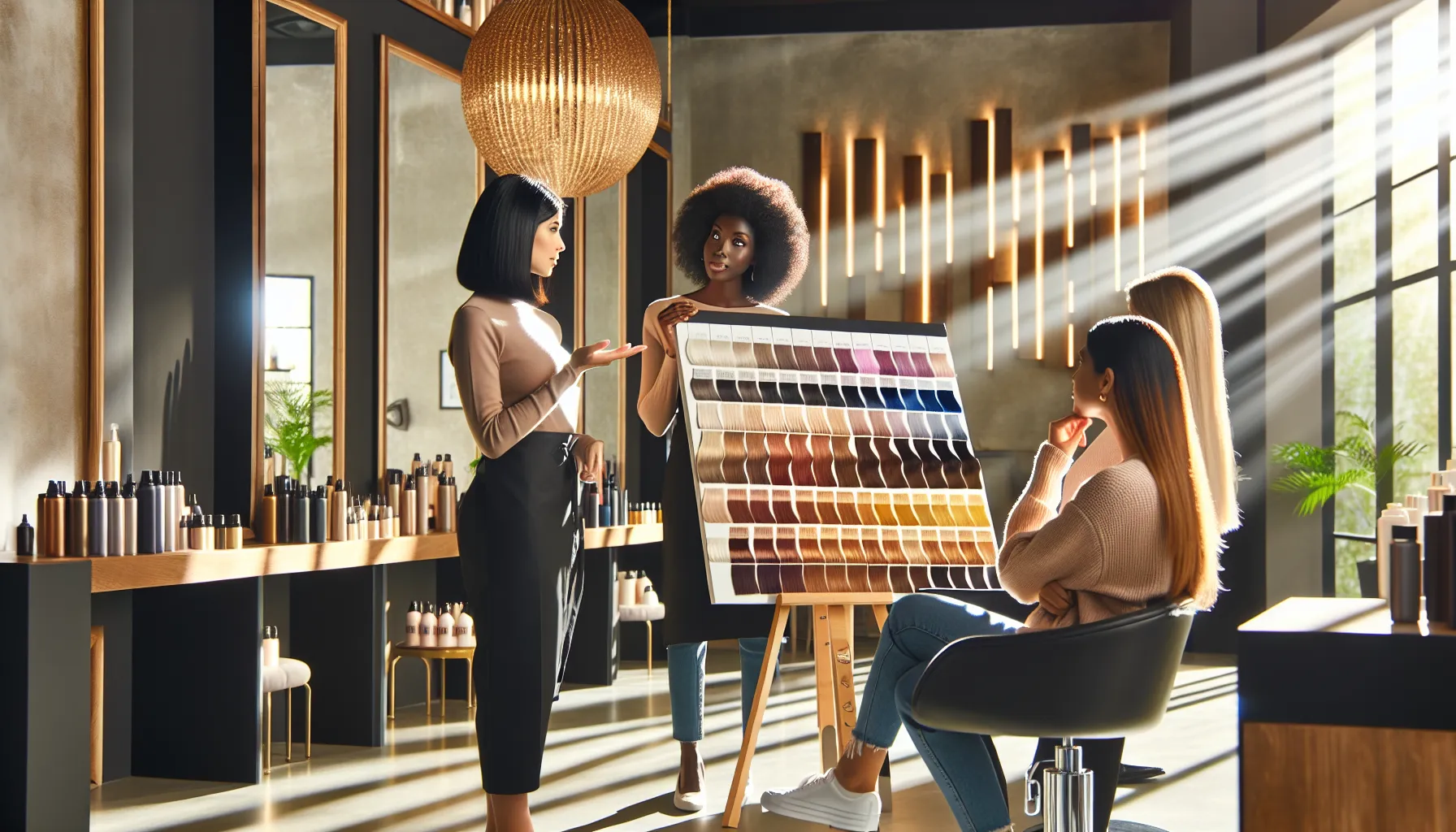 stylist showing hair dye shades to a client in a modern salon.