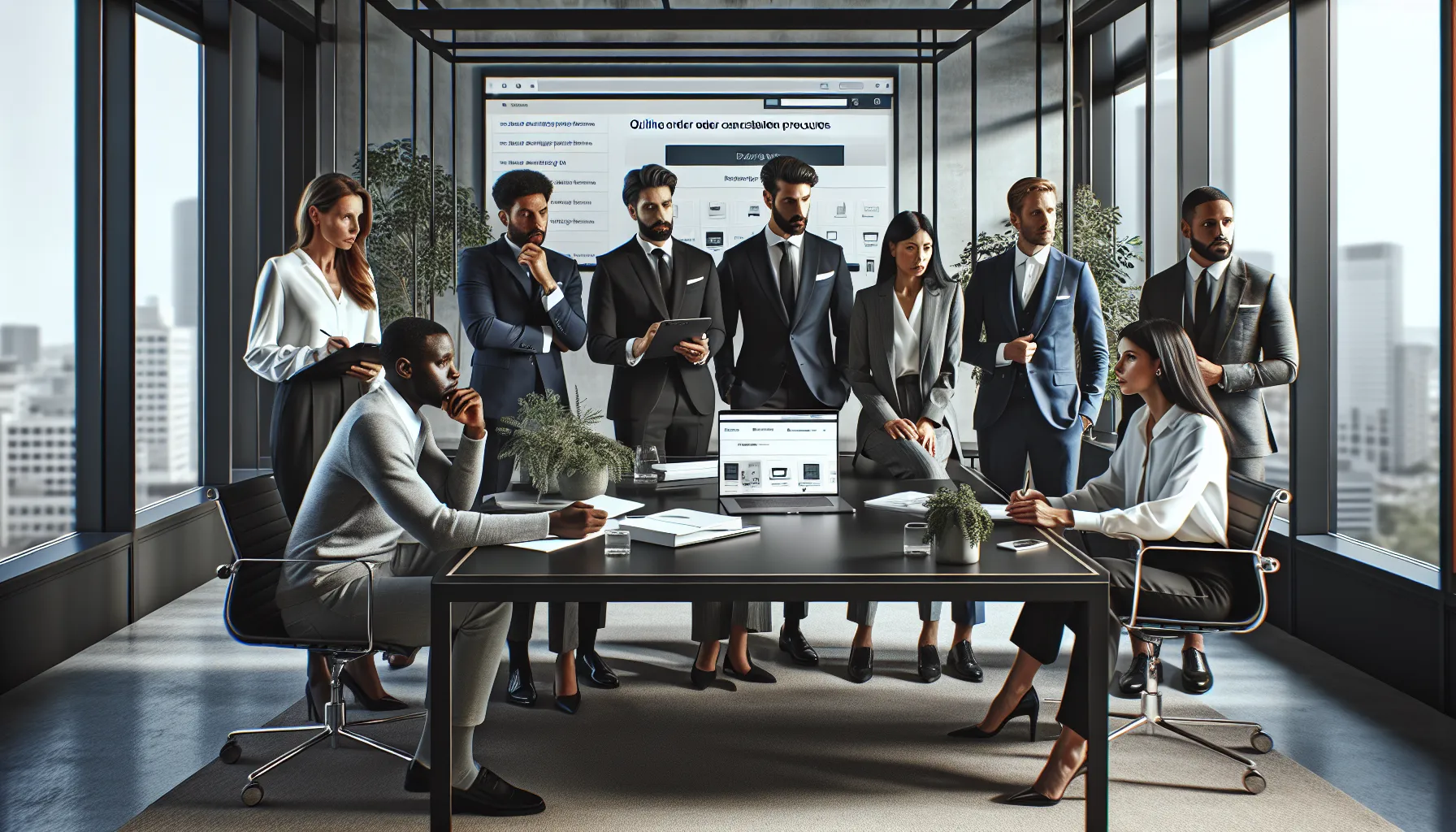 diverse team discussing order cancellation in a modern office.