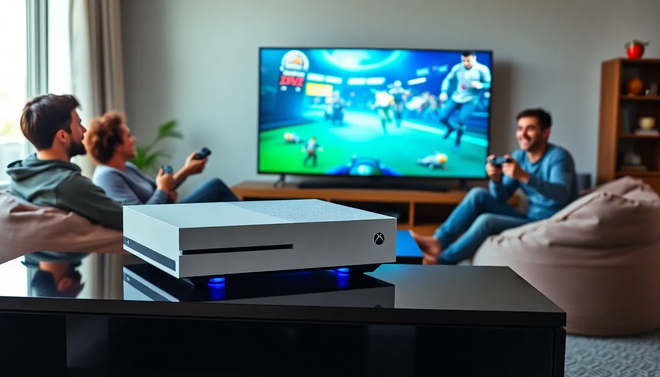 group playing games with a refurbished Xbox One S in a modern living room.