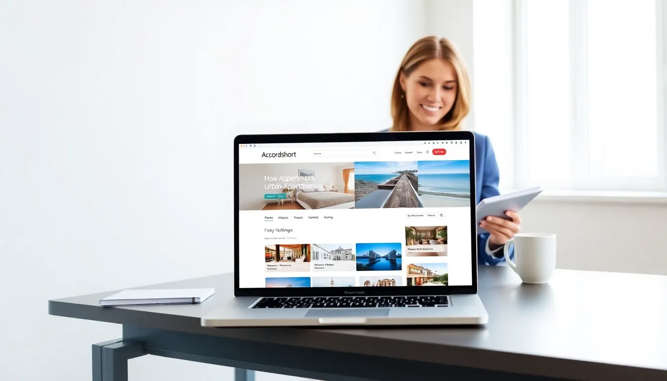 Professional exploring Accordshort.com on a laptop in a modern office.