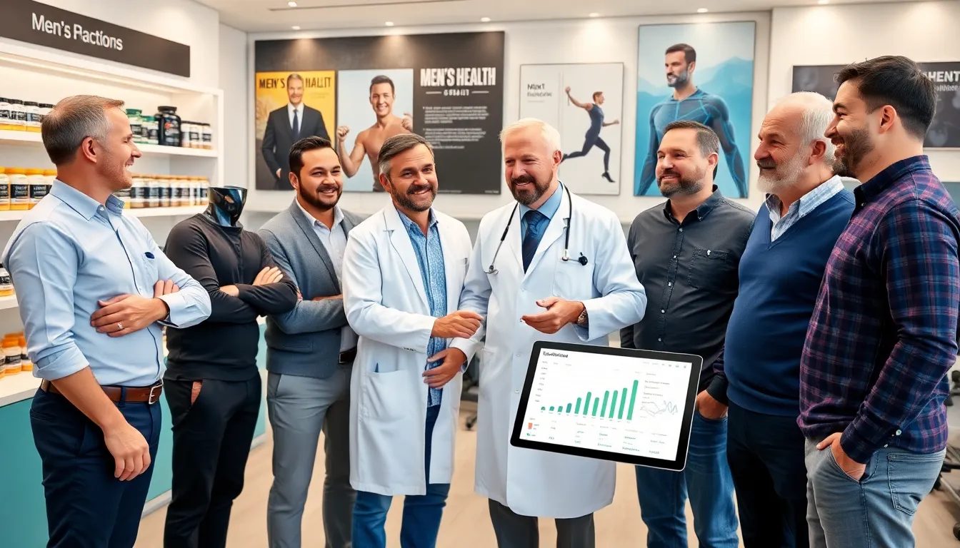diverse men discussing health in a modern healthcare setting.