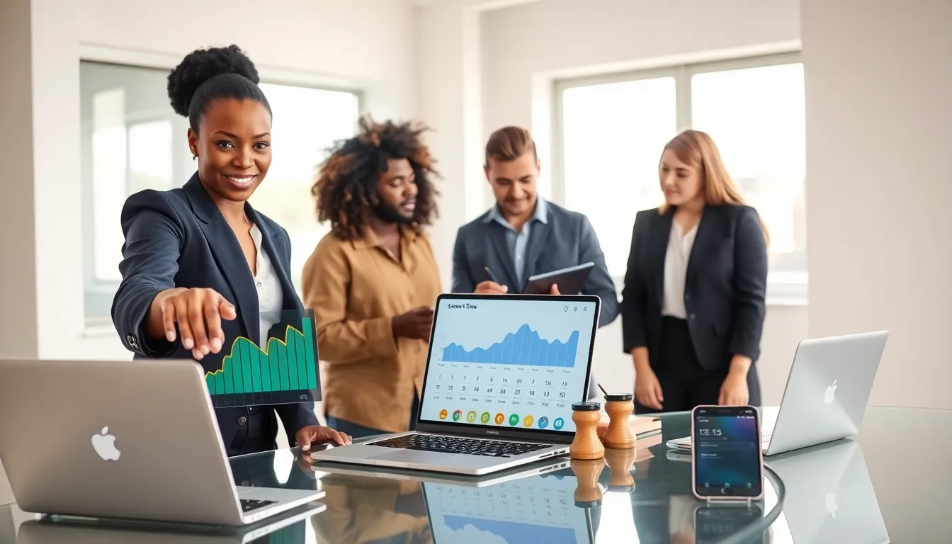 professionals discussing iPhone Screen Time limits in a modern office.