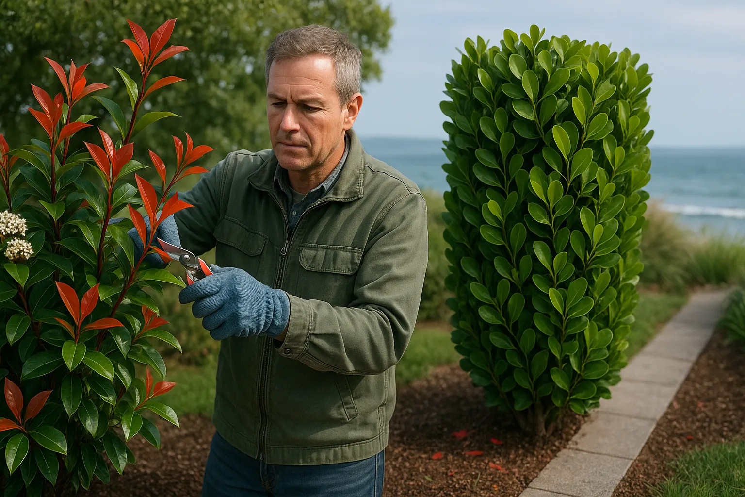Side-by-side Photinia Red Robin and glossy Griselinia hedge in coastal garden.