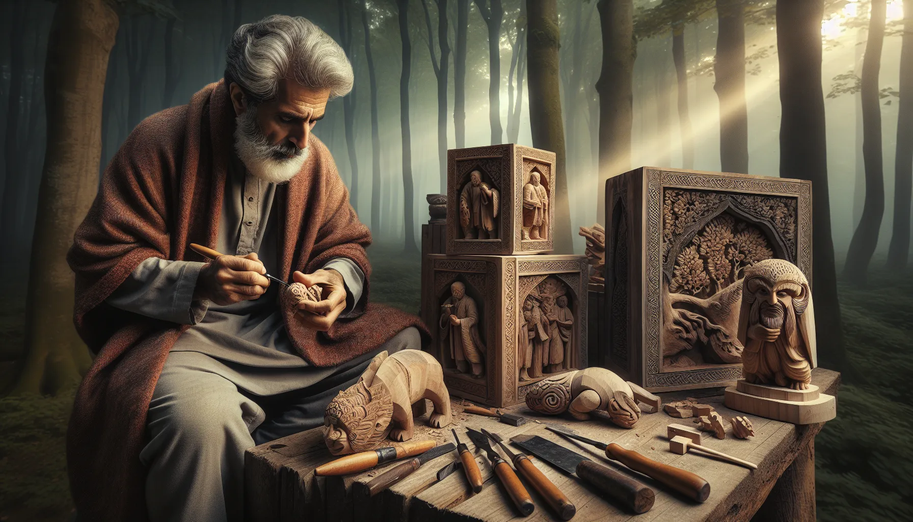 An artisan showcases whittling and carving in a scenic woodland setting.