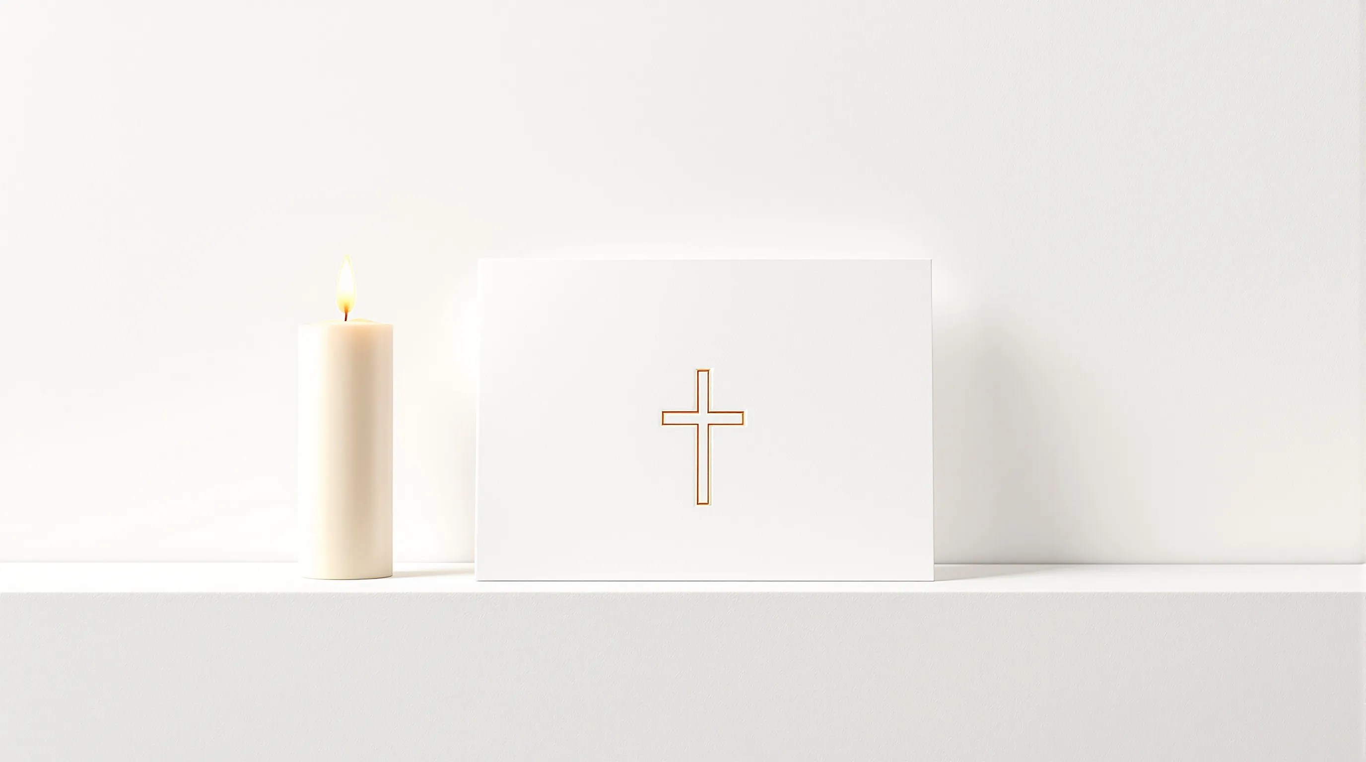 A minimalist greeting card with a cross symbol and a candle on white background.