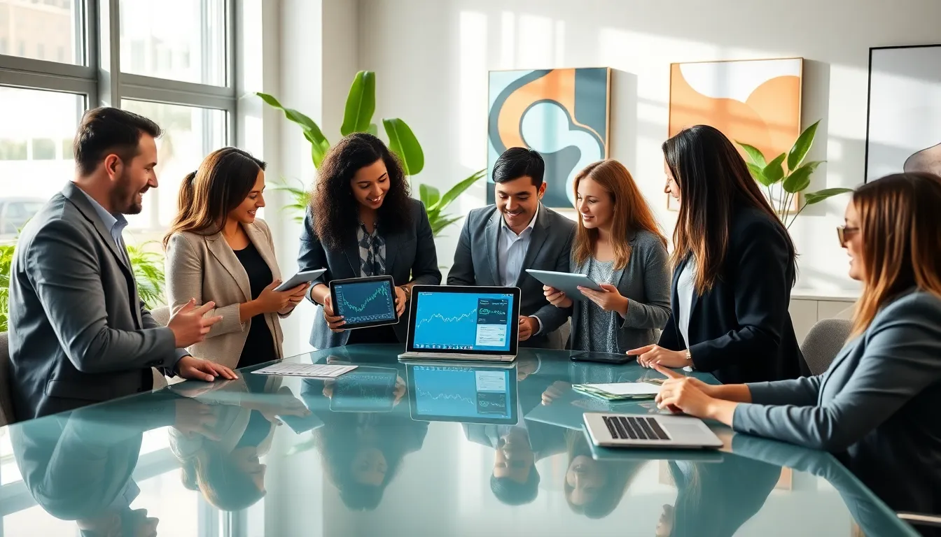 diverse investors discussing BetterThisWorld stocks in a modern office.