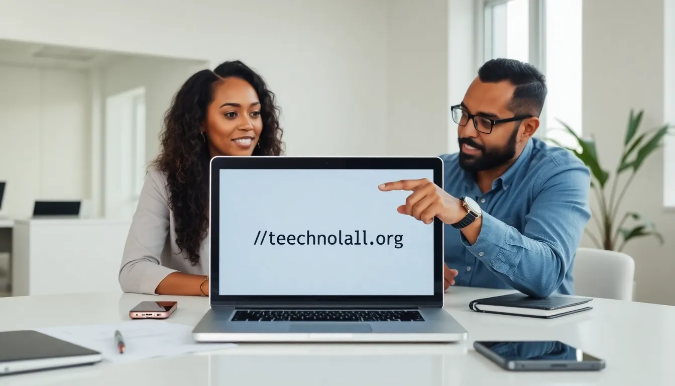 professionals collaborating in a modern office with a laptop displaying a website.