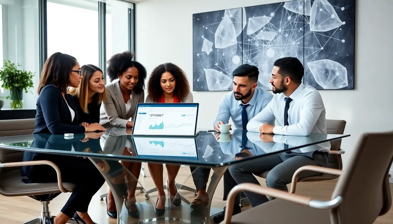 team discussing data identifiers in a modern office.