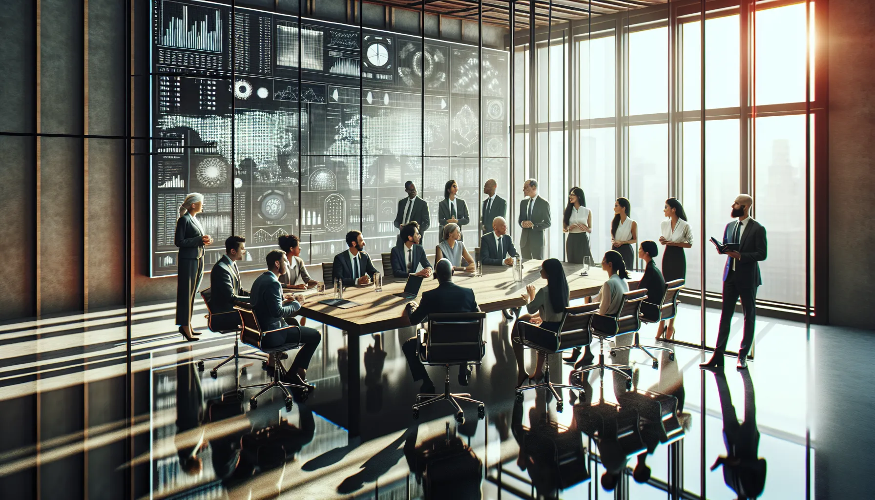 diverse professionals in a modern office discussing historical data significance.