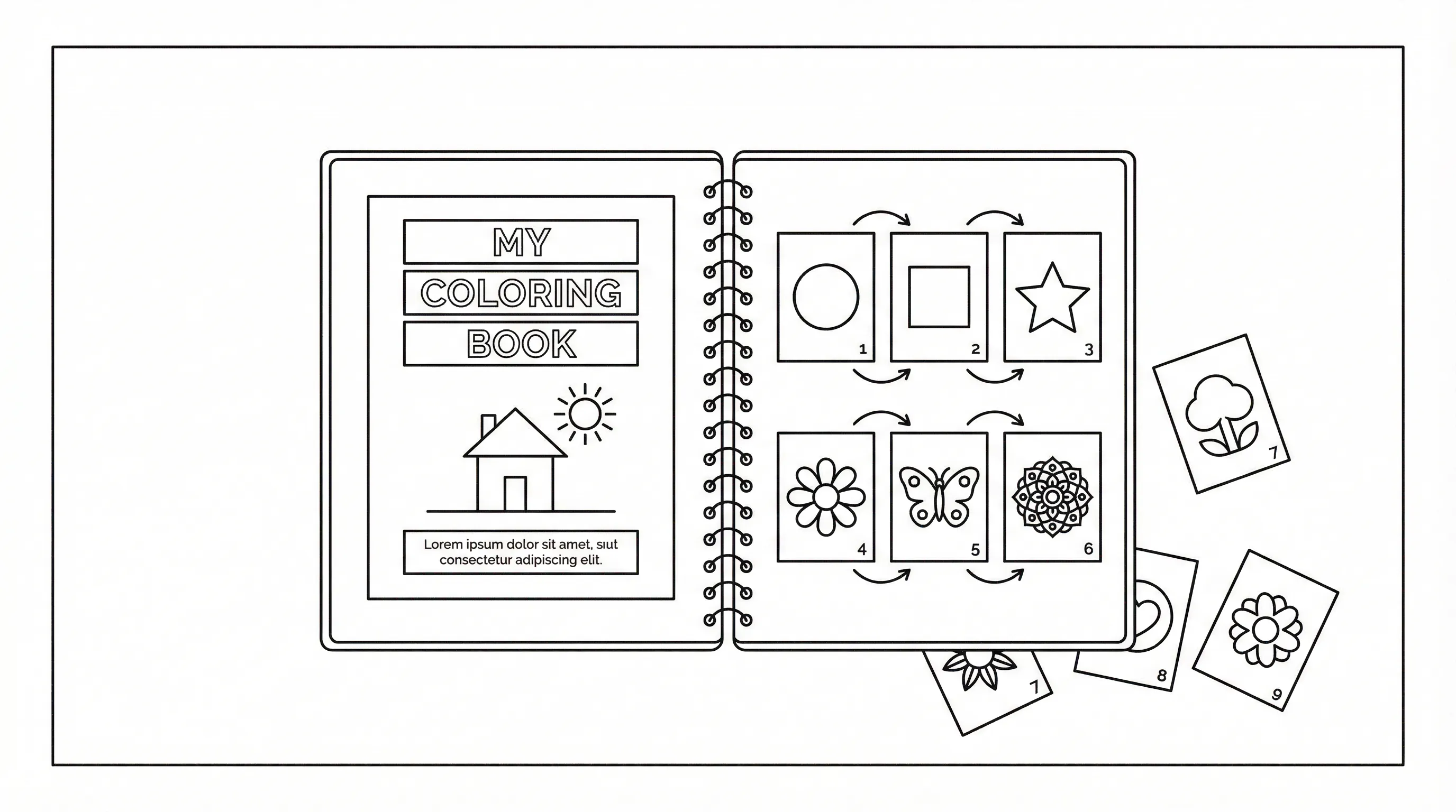 coloring book pages arranged in order with a simple matching cover