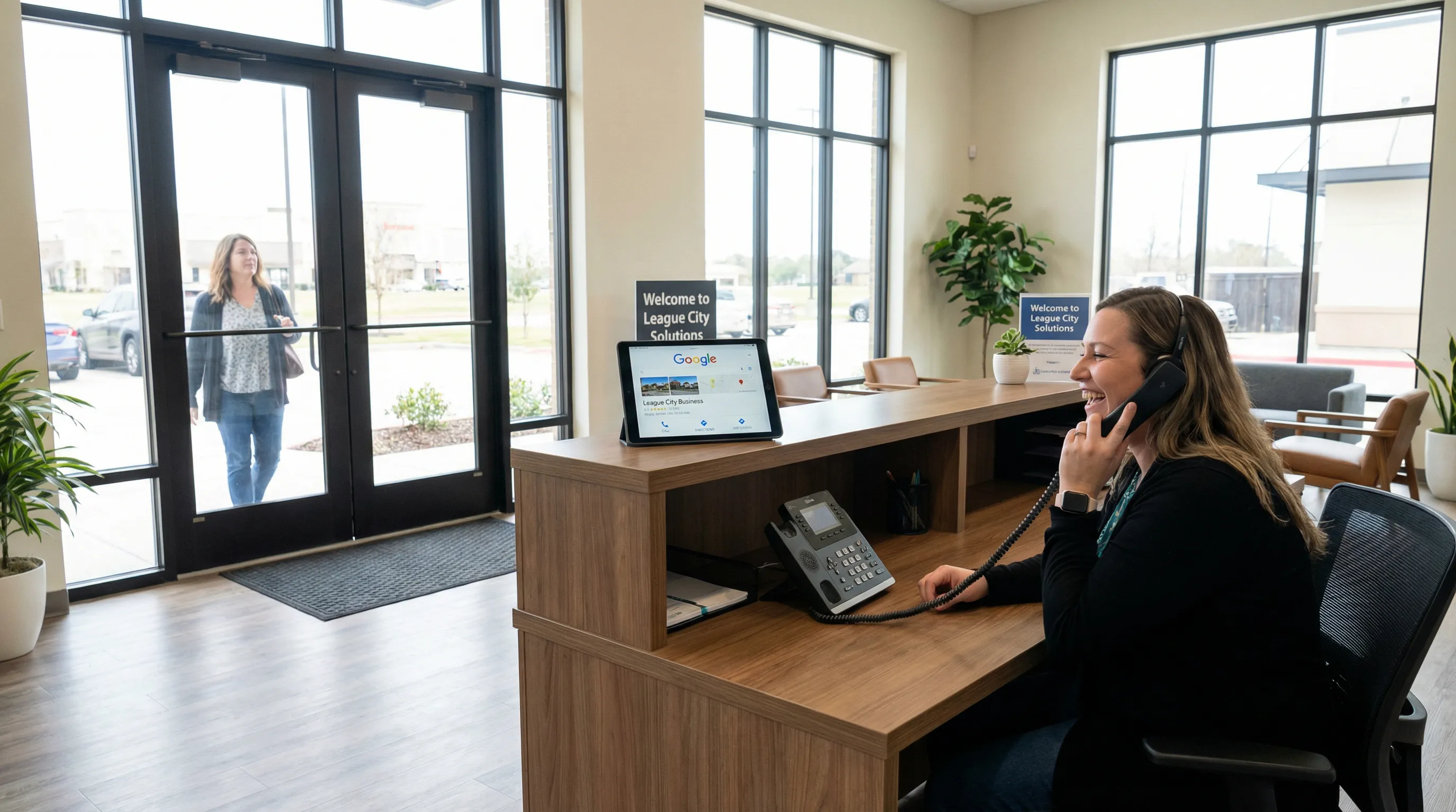 Receptionist answering a phone as a customer enters a modern storefront, with a tablet on the counter displaying the business’s online profile.