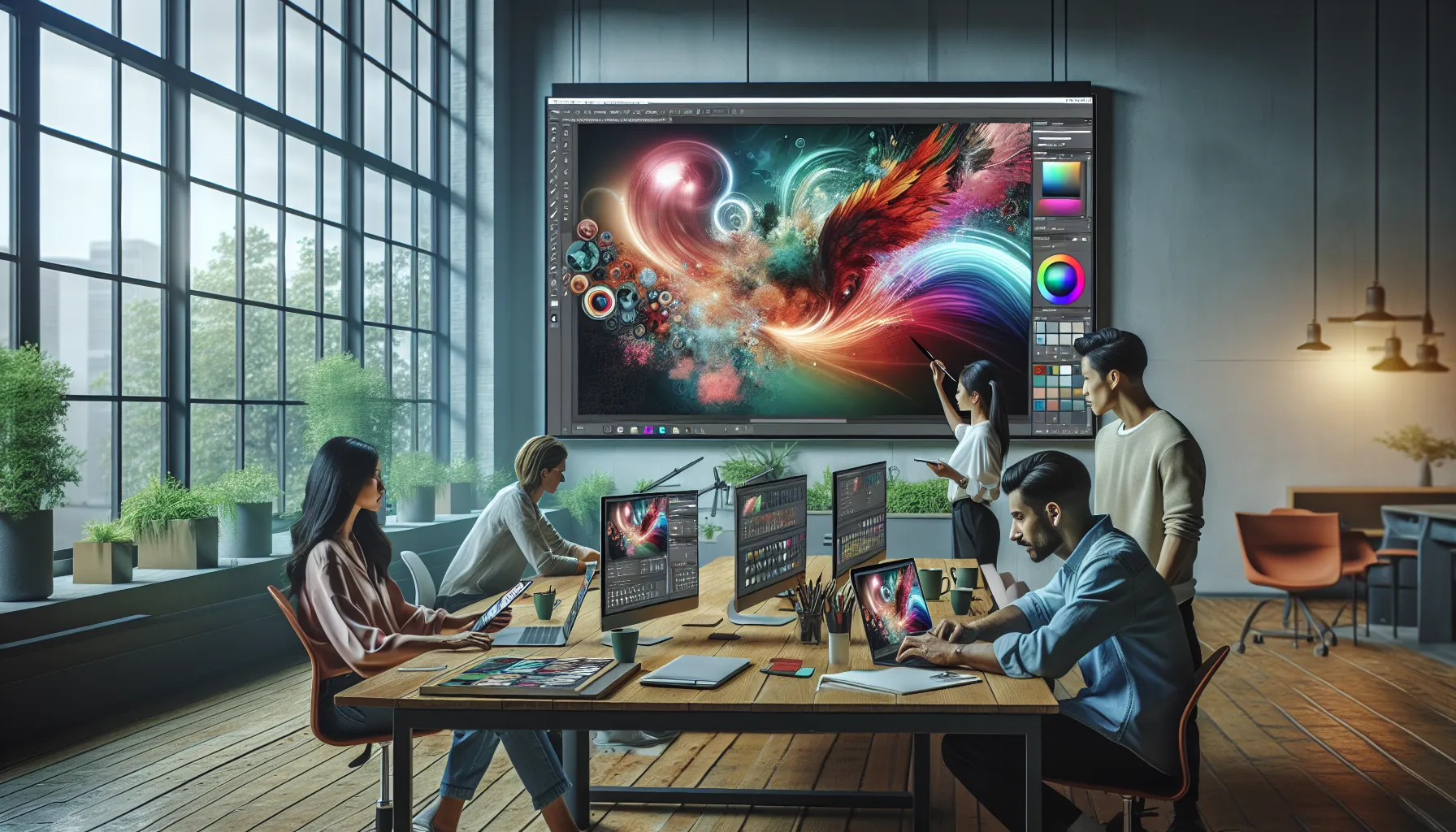 diverse team collaborating on Novasoft Photoshop in a modern office.