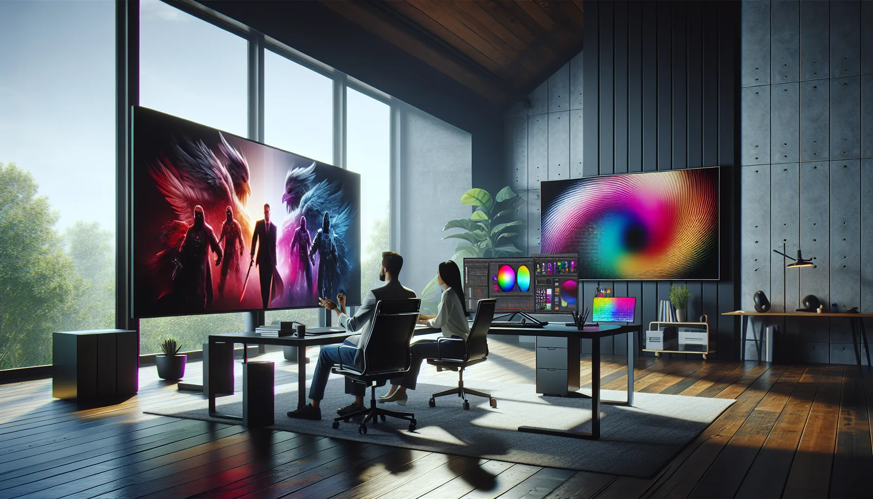 a workspace with FHD and IPS displays used by professionals.