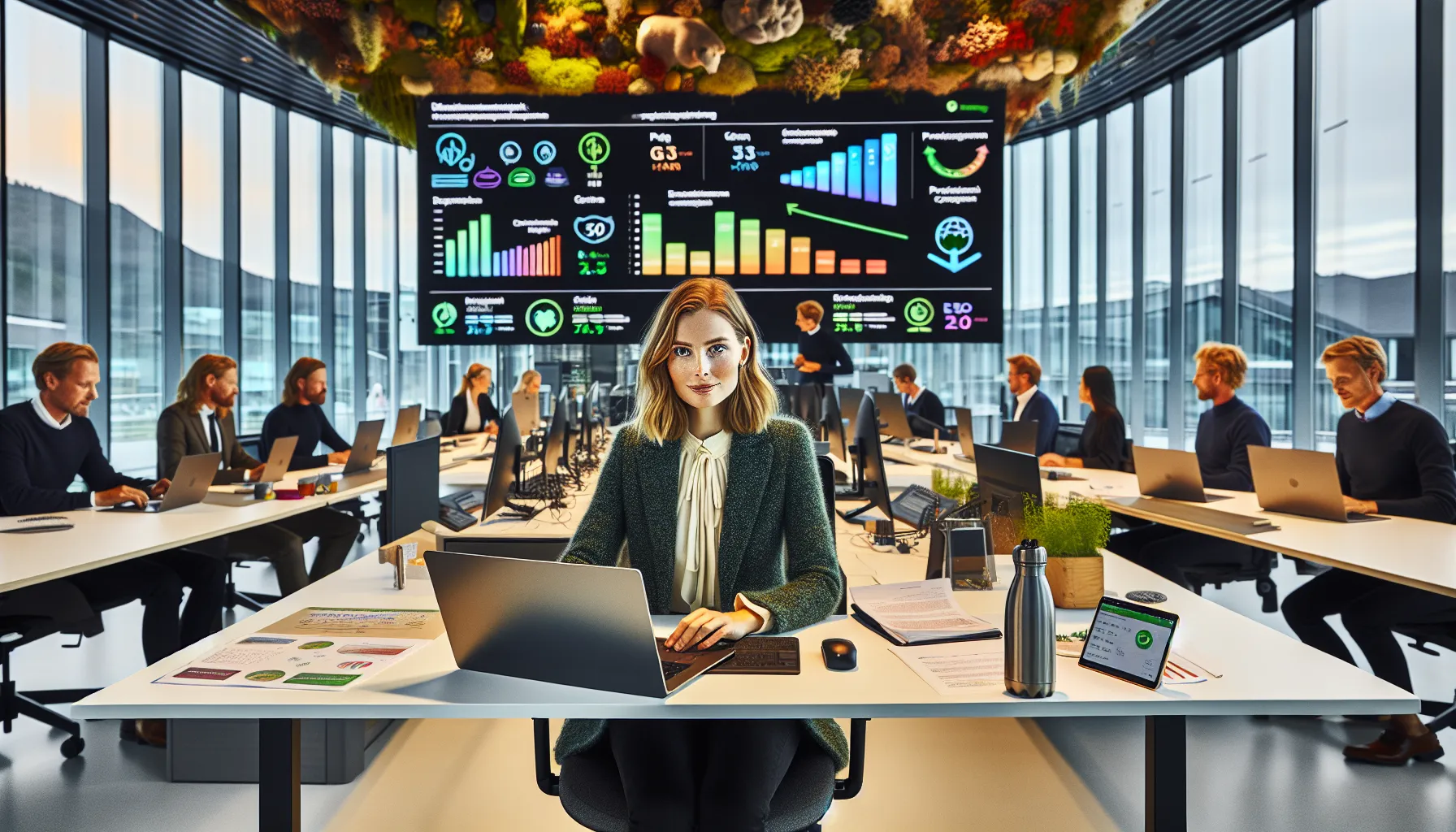 Young norwegian office worker analyzing sustainability data at a modern desk.
