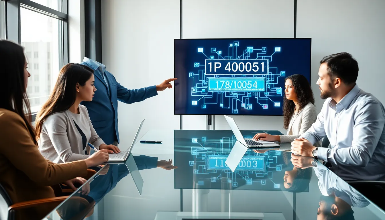 Professionals discussing digital technology in a modern office.