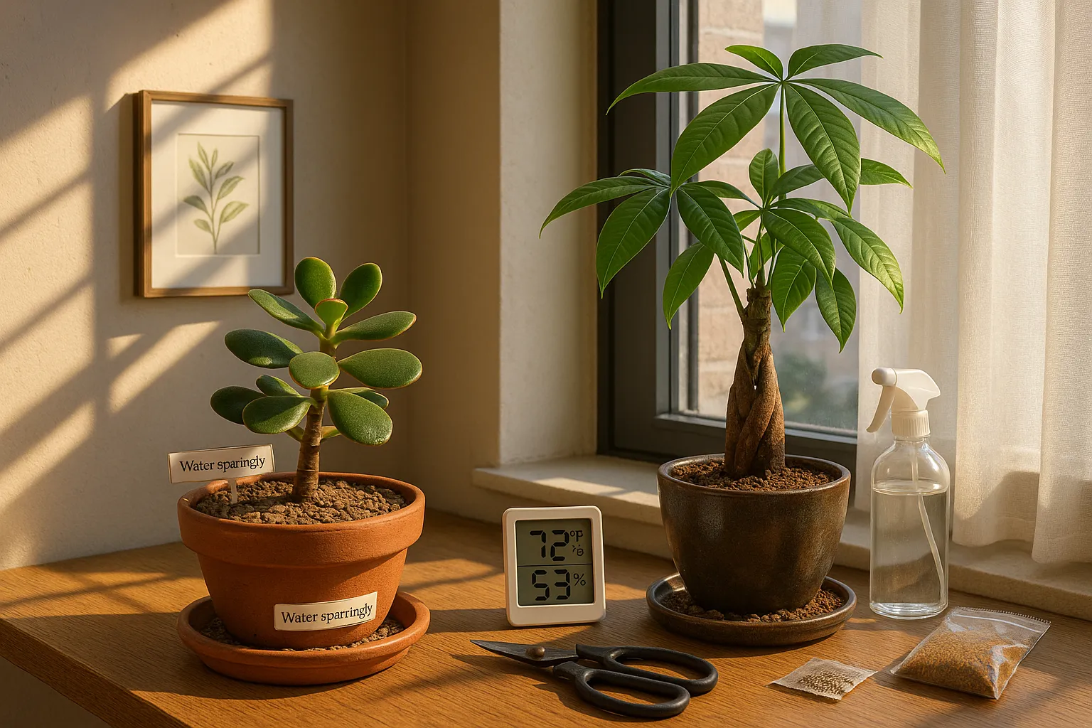 jade plant in direct sun beside a money tree in filtered light on a windowsill