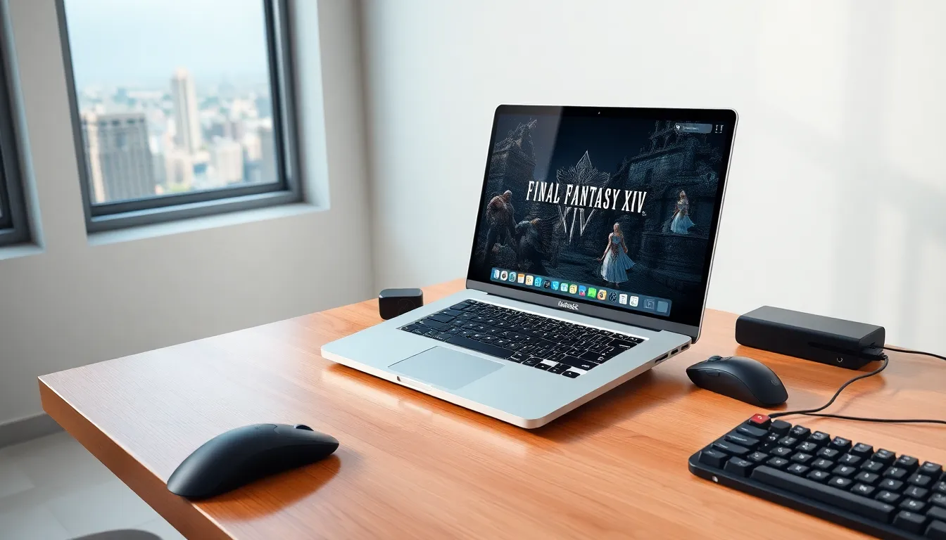 Modern Mac setup showcasing Final Fantasy XIV on screen.
