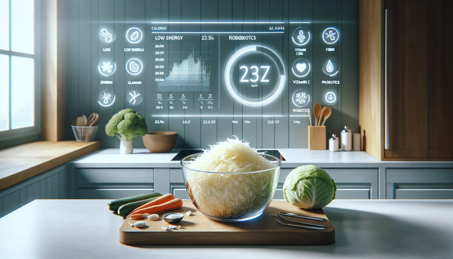 Bowl of kiseli kupus with nutrition chart on a modern kitchen counter.