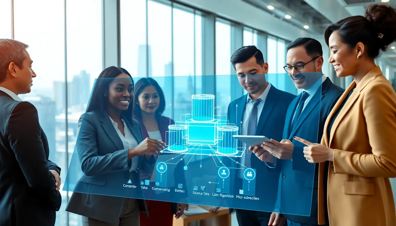 professionals discussing centralized blockchain in a modern office.