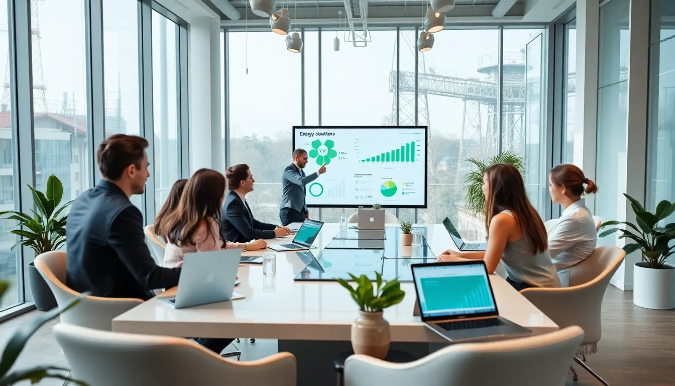 diverse team discussing energy solutions in a modern office.