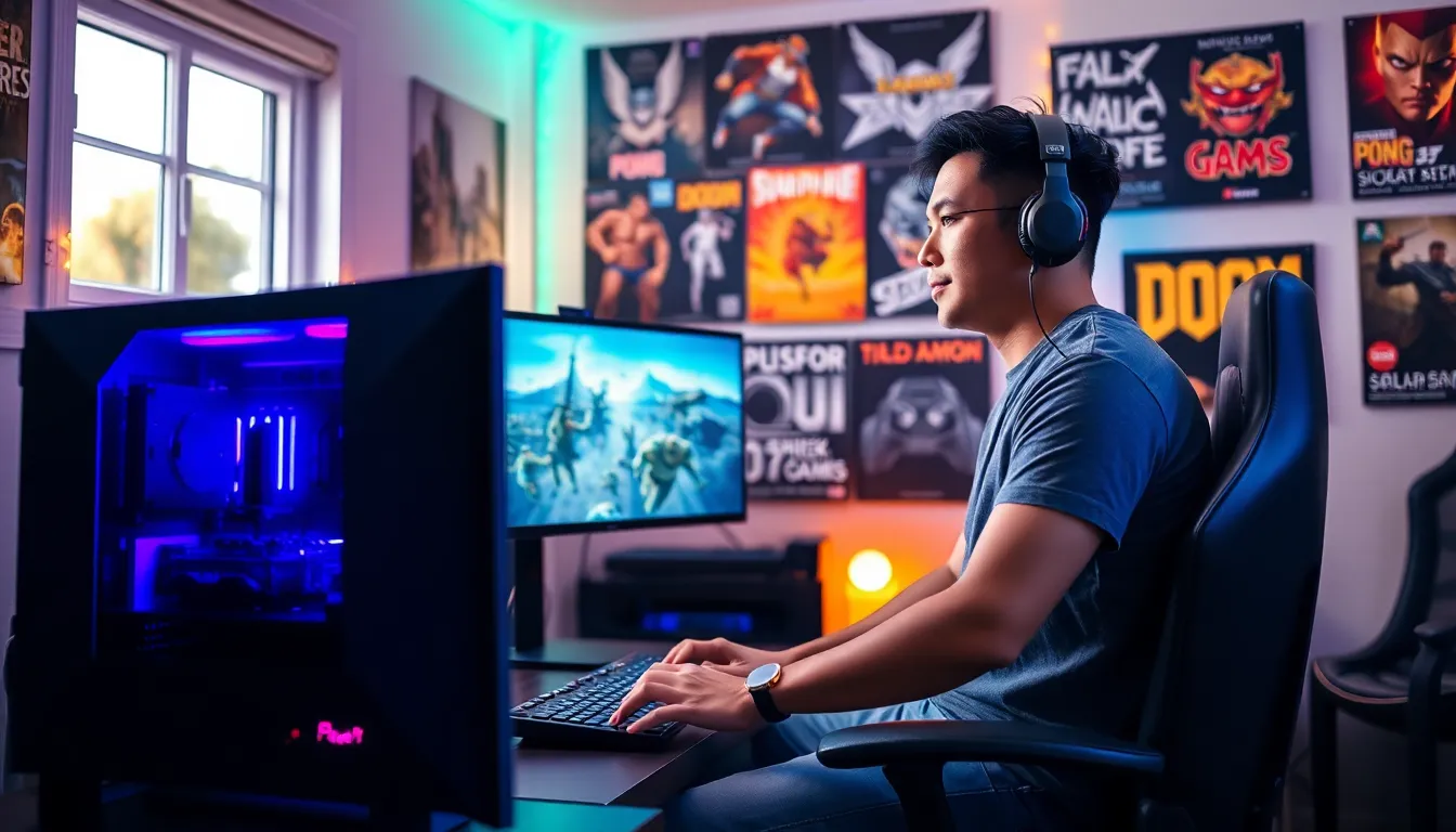 A gamer at a modern PC setup surrounded by classic game memorabilia.