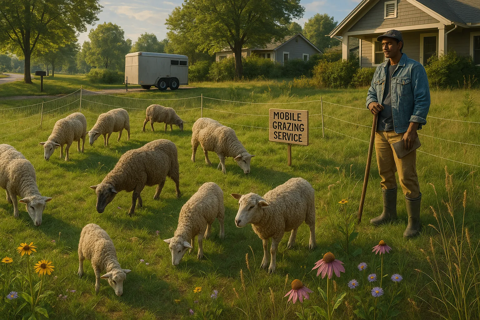 A small flock of sheep grazing on a suburban lawn converting to native meadow.