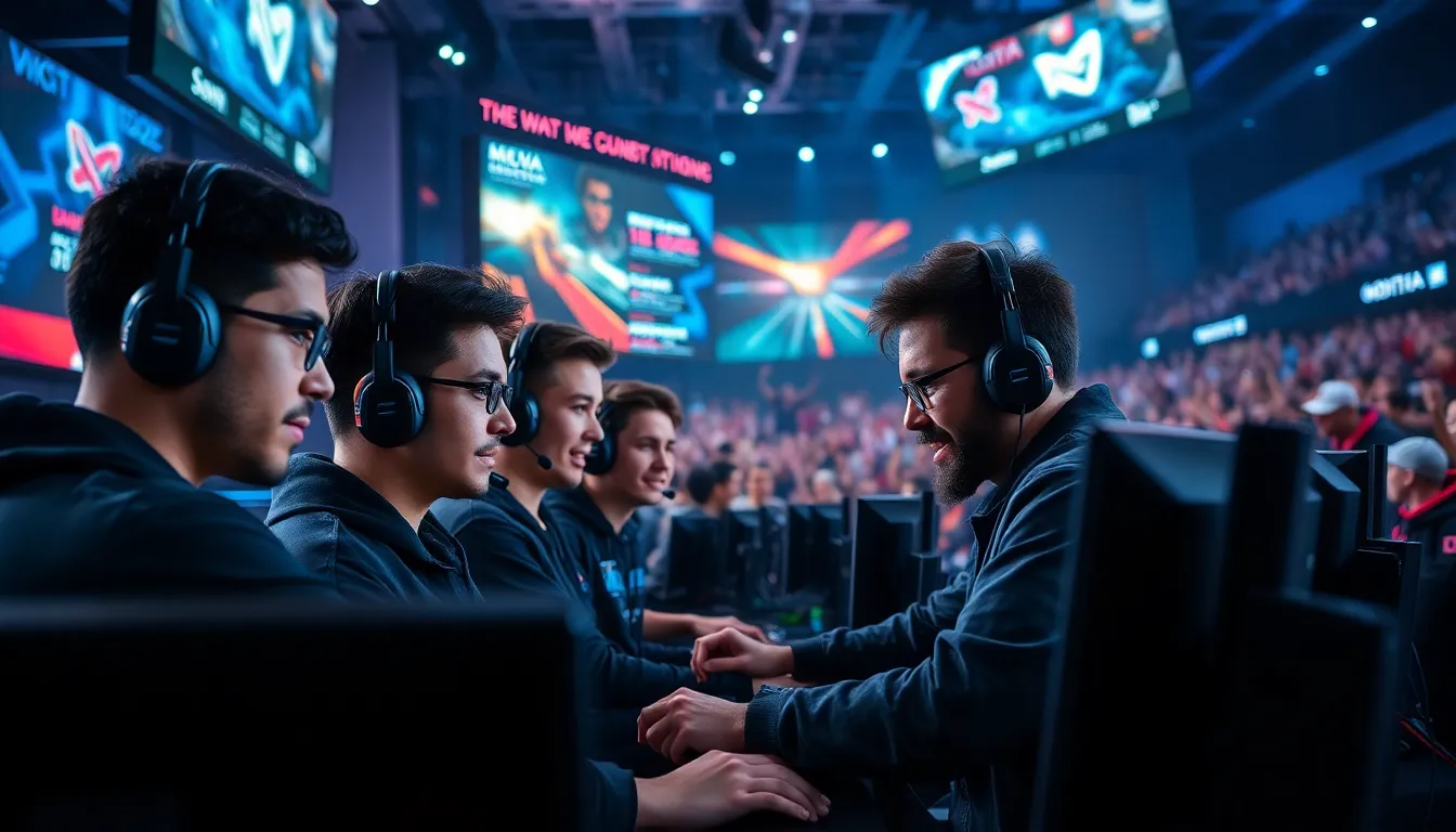 gamers competing in a Dota 2 esports tournament setting.