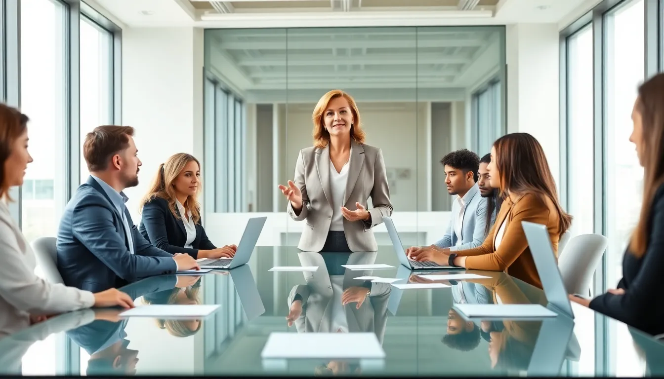 Ann Anderson leading a diverse team in a modern office meeting.